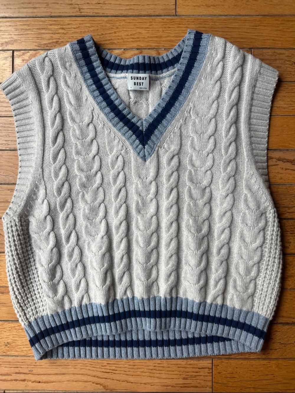 Sunday Best Cream Cable-Knit V-Neck Sweater Vest with Navy and Light Blue Trim